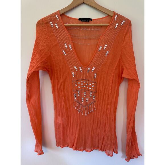 BCBGMaxAzria Tops - BCBGMaxAzria Orange Silk Chiffon V-Neck Blouse with Sequins Detail Size Large
